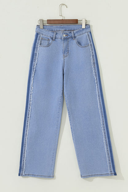 Denim Frayed Raw Edge Stripe Side Panel Jeans