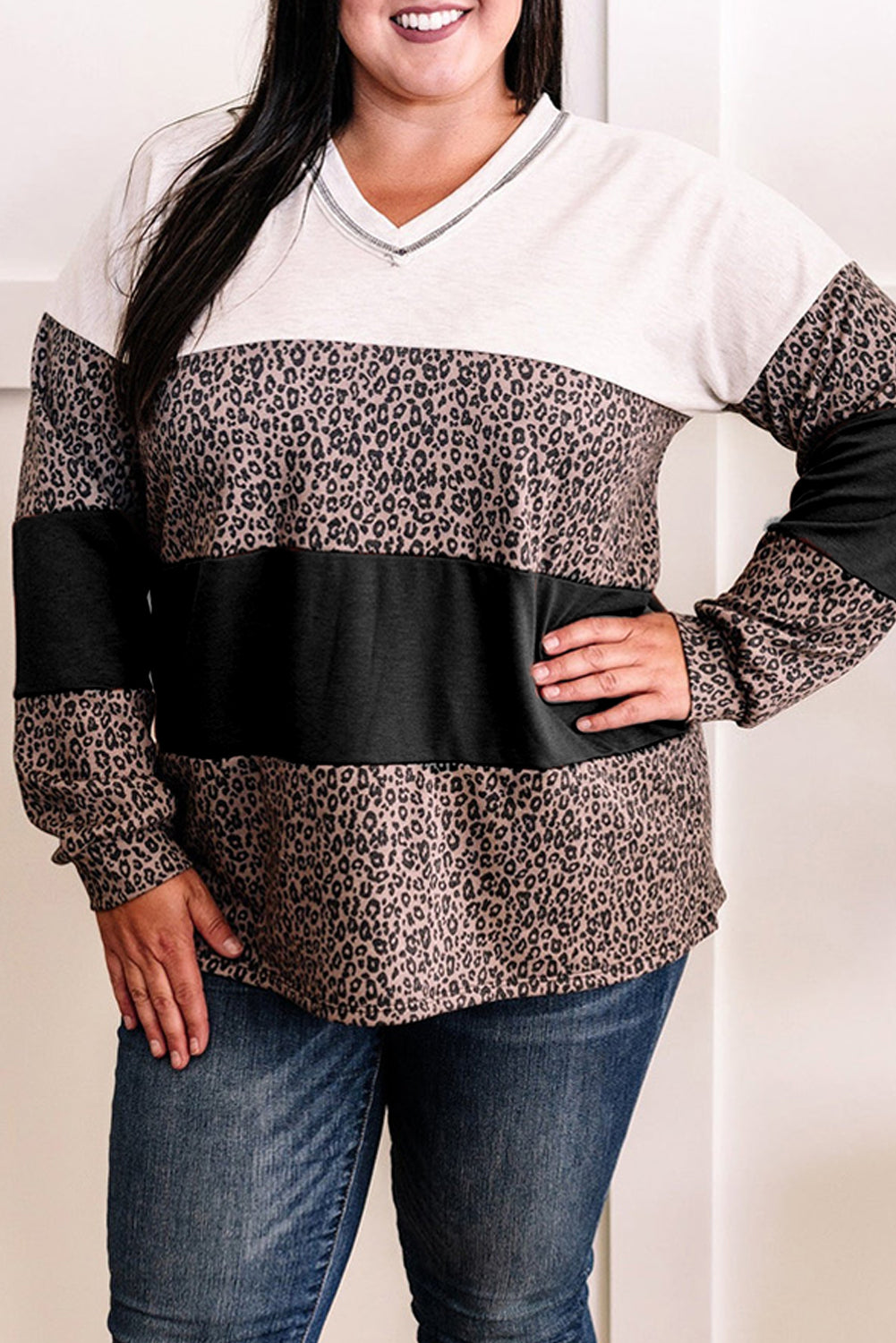 Plus Size Leopard Colorblock Long Sleeve Top