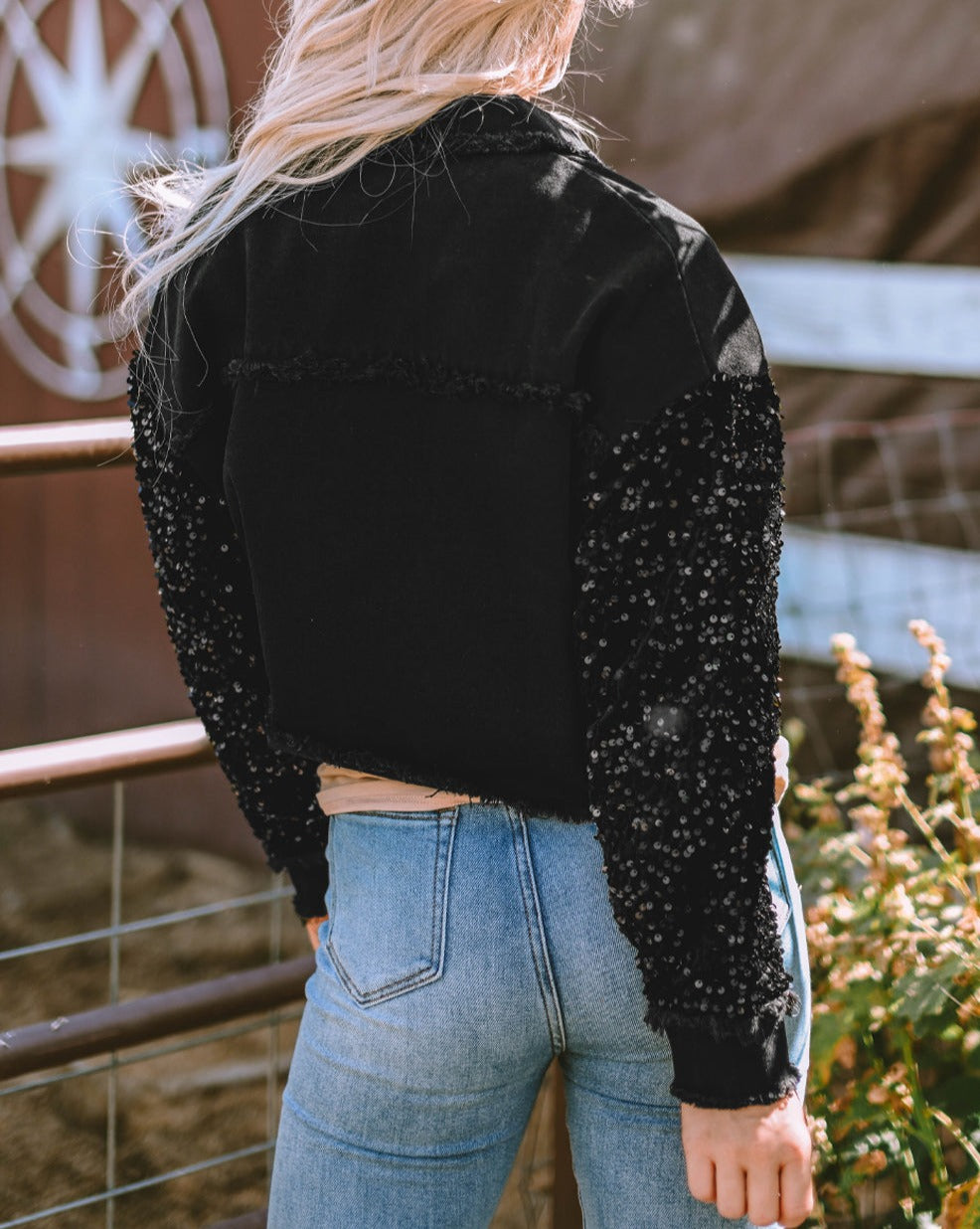 Sequin Denim Colorblock Pocketed Jacket