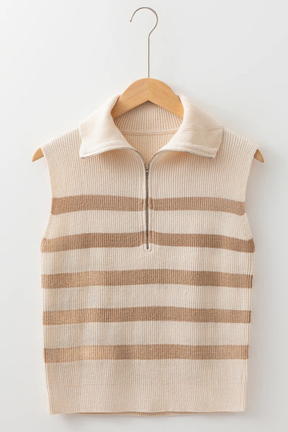 Stripe Ribbed Half-Zip Collar Sleeveless Sweater