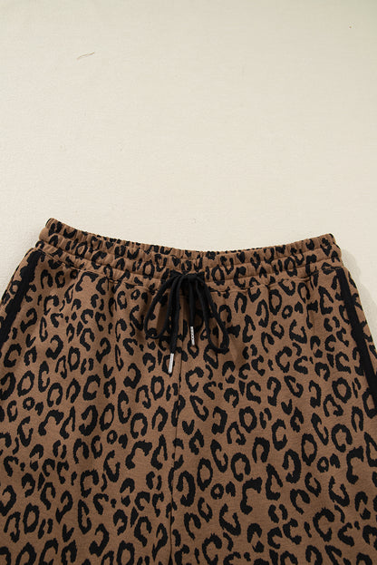 Leopard Varsity Stripe Trim Top & Drawstring Pants Set
