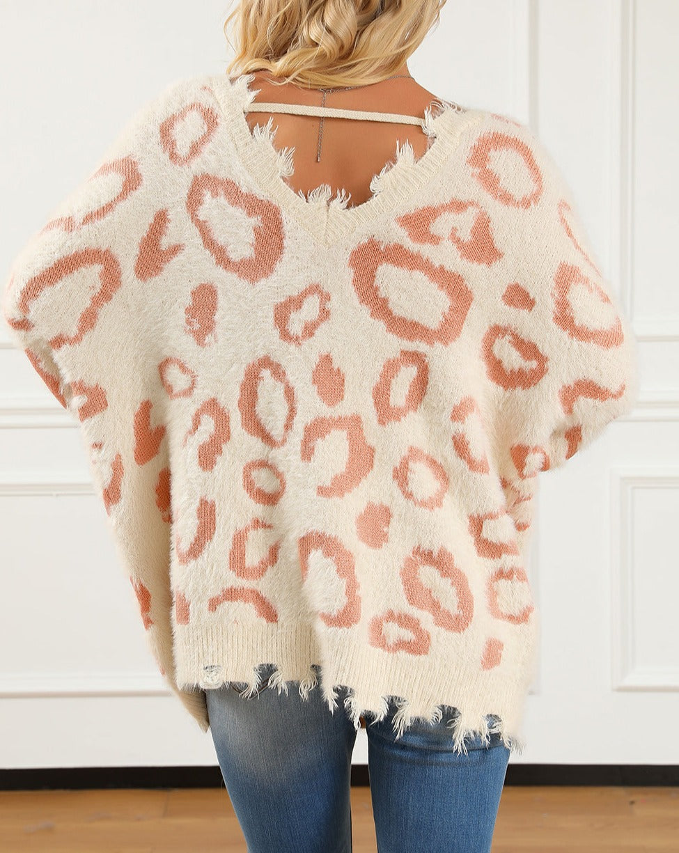 Leopard Distressed Fuzzy V-Neck Sweater