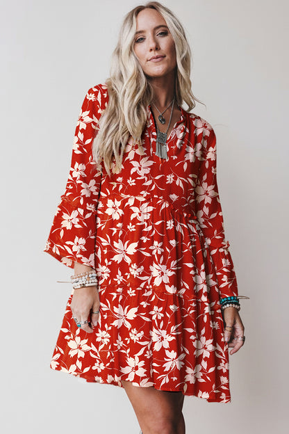 Boho Floral Lettuce Trim 3/4 Sleeve Mini Dress
