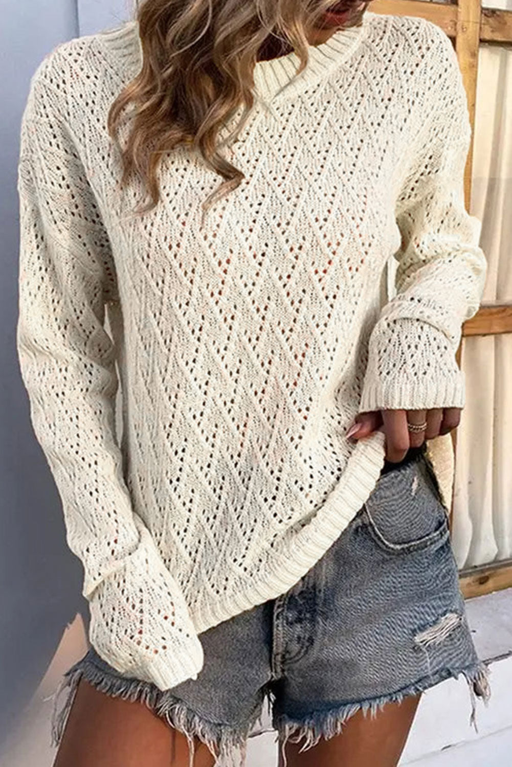 Eyelet Knit Ribbed Trim Sweater