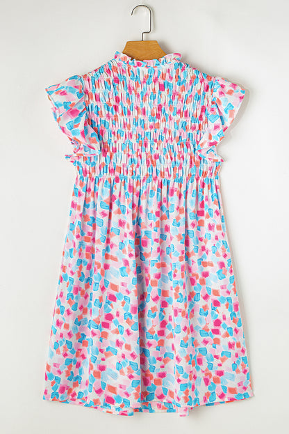 Abstract Smocked Ruffle Shift Dress