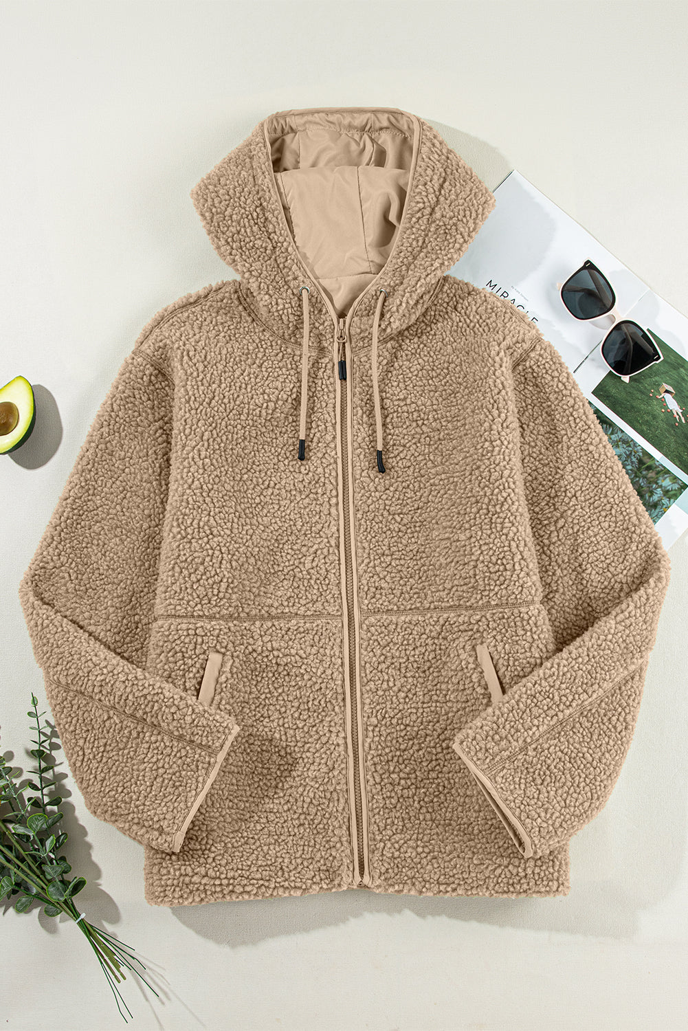 Fleece Zip-Up Drawstring Hooded Jacket