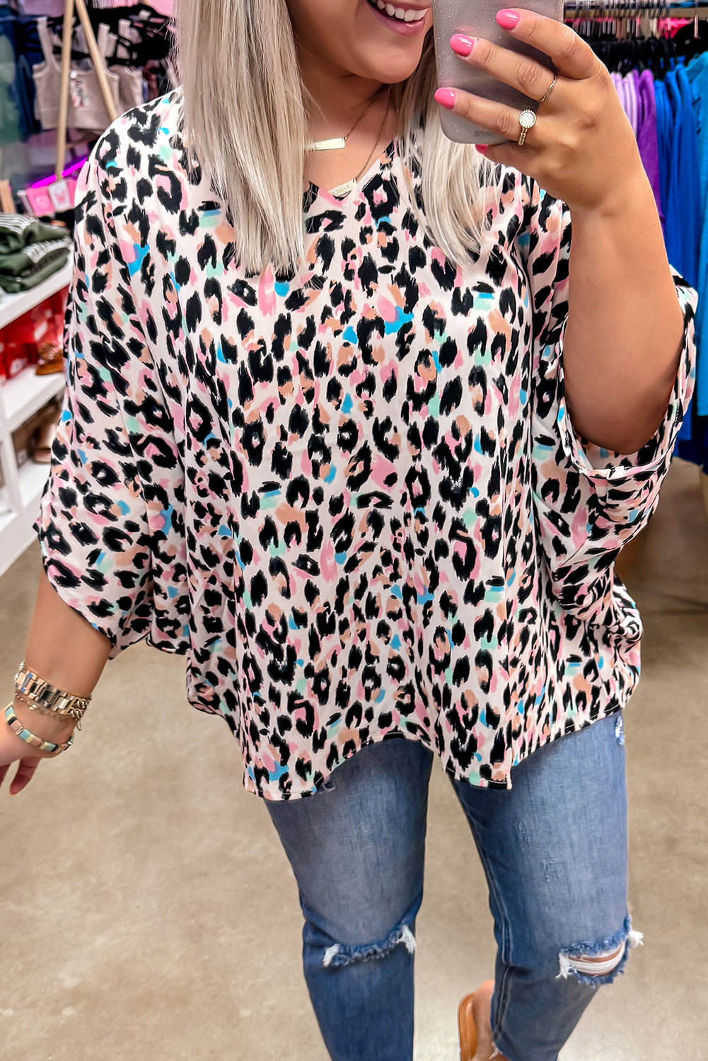 Leopard Batwing Sleeve Top Plus Size