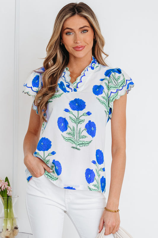 Flower Scallop Contrast Trim Short Sleeve Blouse