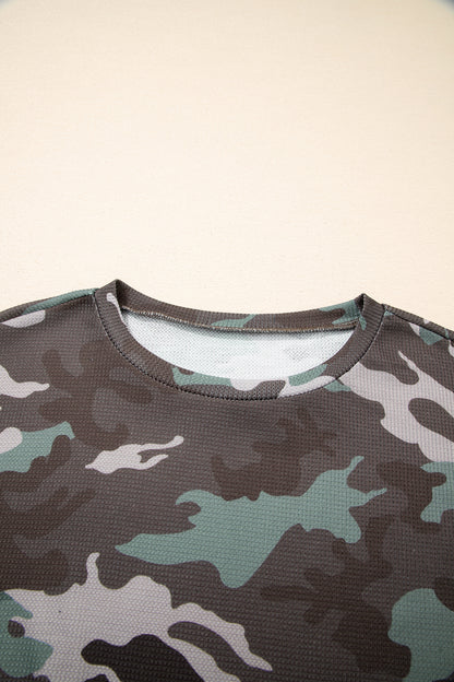 Camo Textured Drop Shoulder Long Sleeve Top