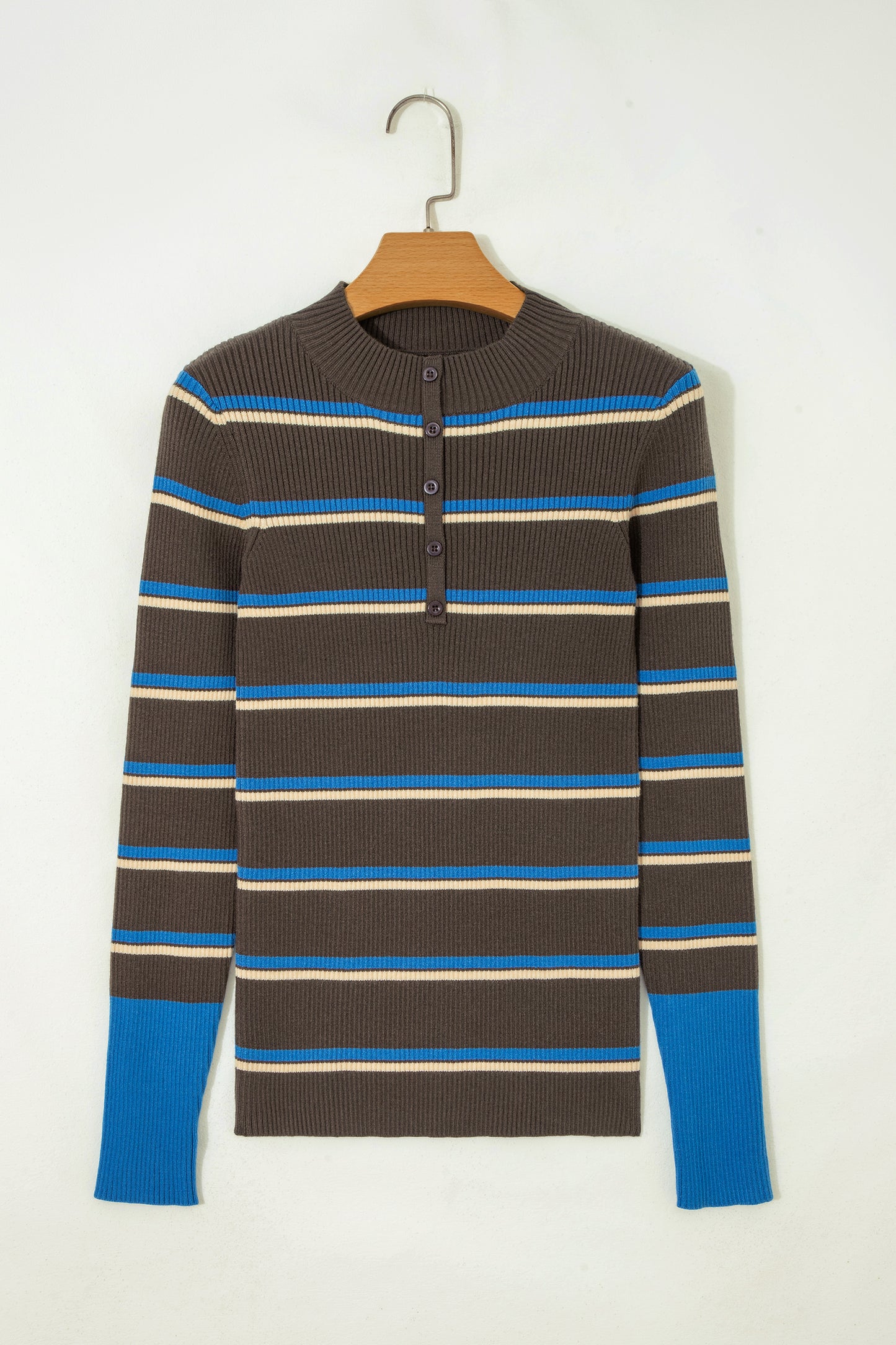 Stripe Ribbed Knit Half Buttoned Sweater