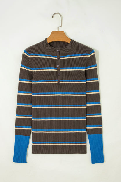 Stripe Ribbed Knit Half Buttoned Sweater