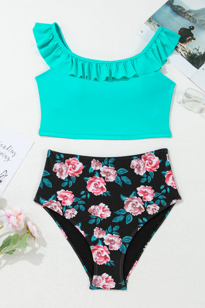 Floral Colorblock Ruffle Bikini Set