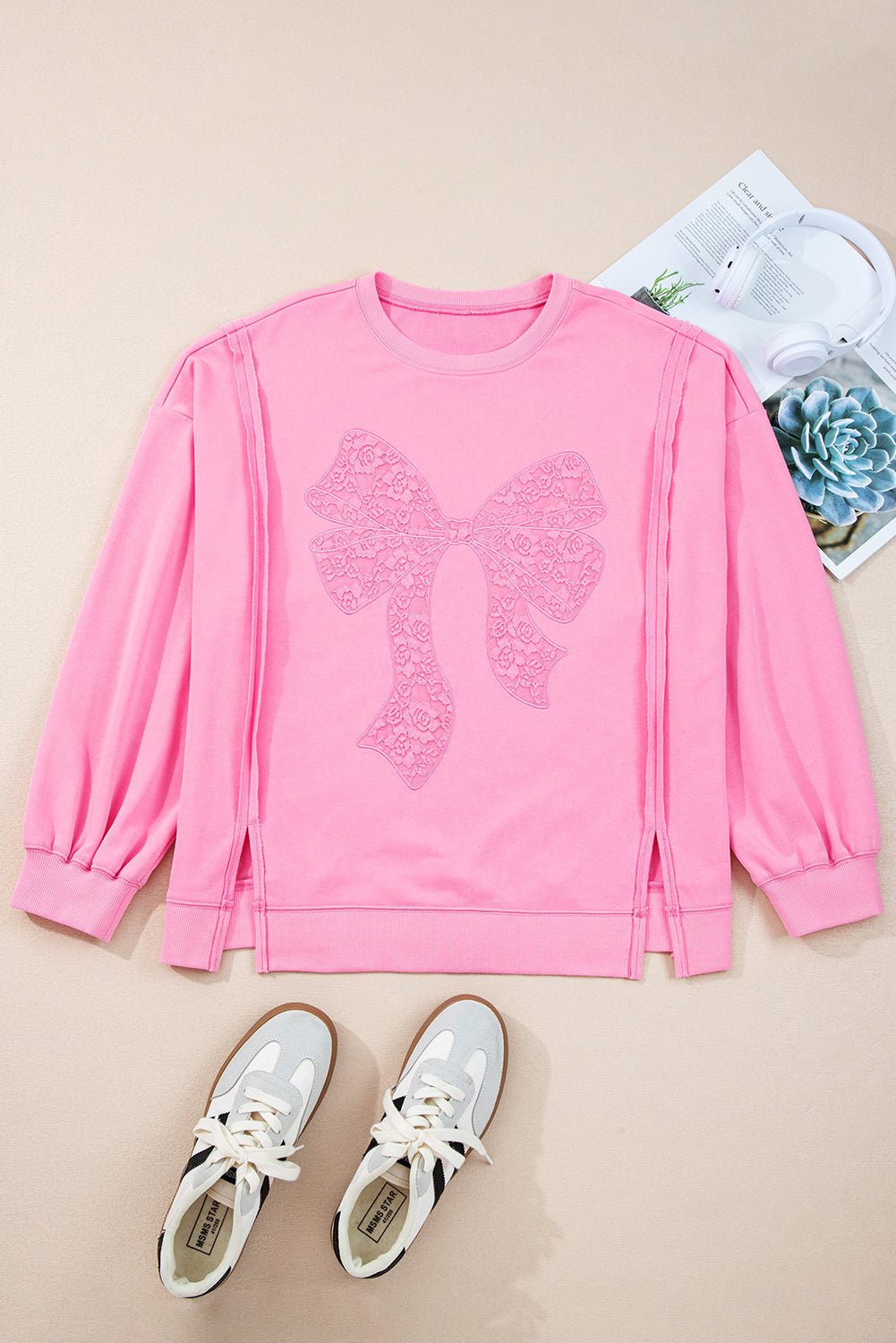 Plus Size Bow Tie Lace Embroidered Dolman Sweatshirt