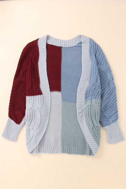 Colorblock Cable Knit Open Front Cardigan