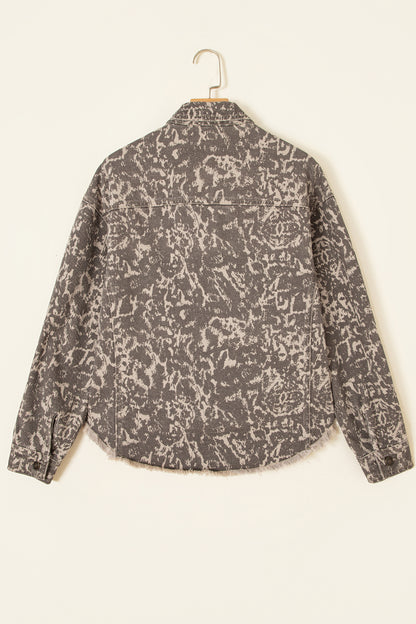 Abstract Denim Raw Hem Buttoned Collar Jacket