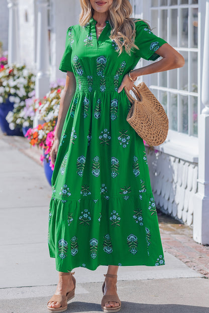 Floral Split Neck Shirred High Waist Maxi Dress