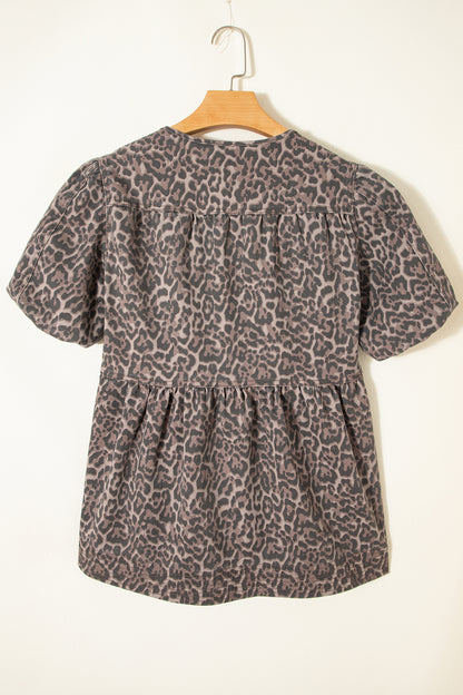 Leopard Denim Tie Neck Puff Sleeve Babydoll Top