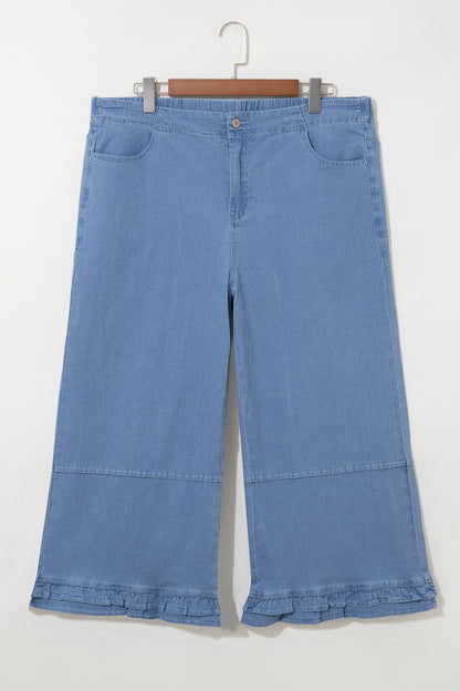 Plus Size Denim Ruffle Hem Wide Leg Jeans