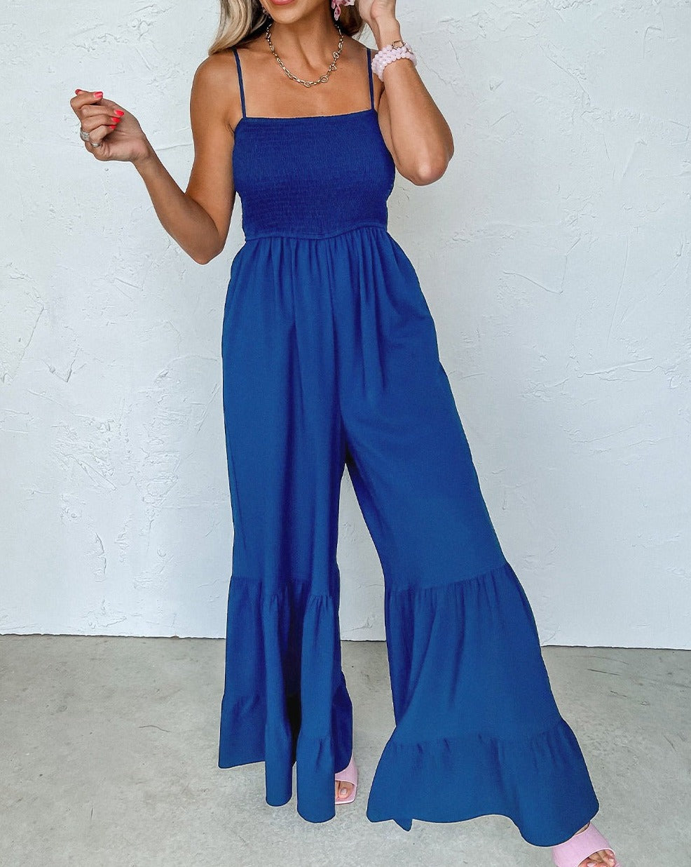 Smocked Ruffle Wide Leg Jumpsuit