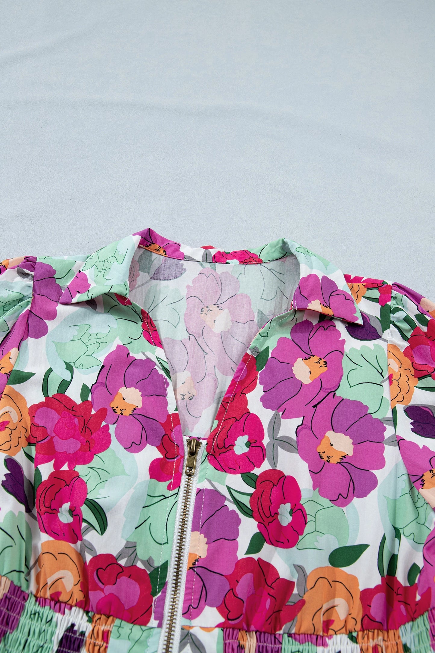 Floral Zip-Up V-Neck Short Puff Sleeve Dress