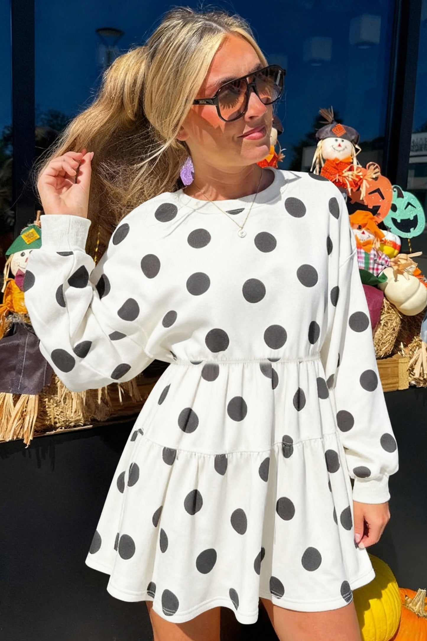 Polka Dot Long Sleeve Flared Mini Dress
