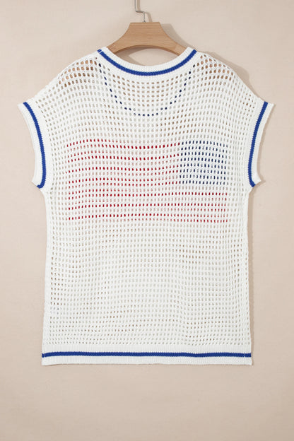 USA Flag Eyelet Crochet Cap Sleeve Sweater Top