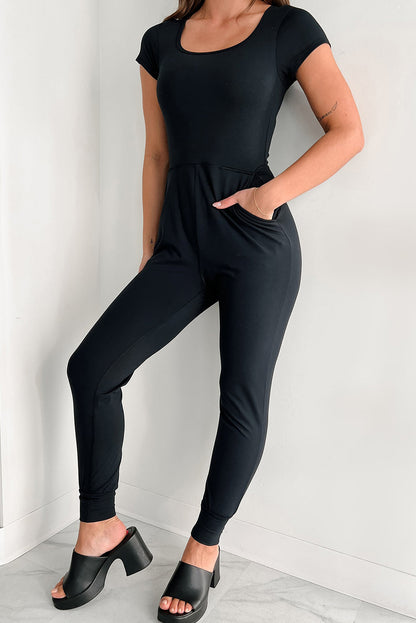 Short Sleeve Pocketed Jogger Jumpsuit