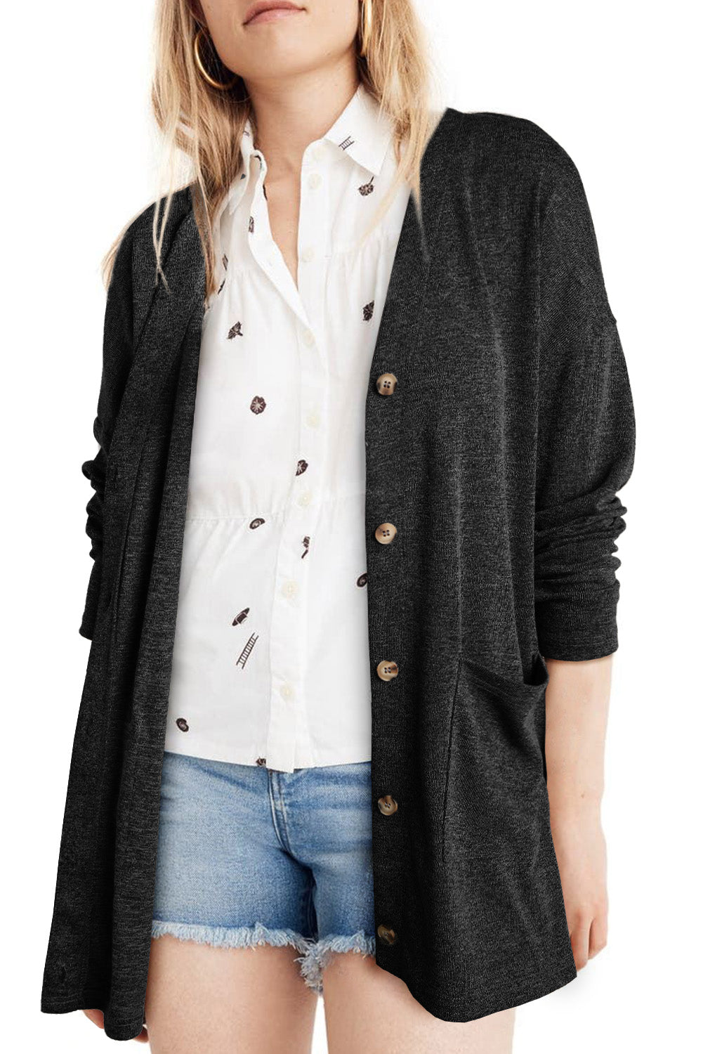 Heathered Button Front Pocketed Cardigan