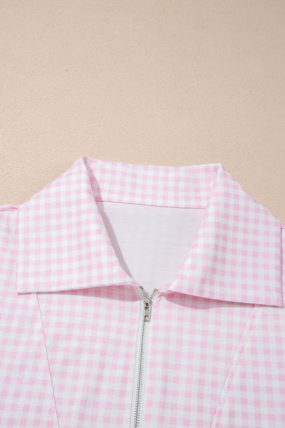 Gingham Half Zip Top & Elastic Waist Shorts Set