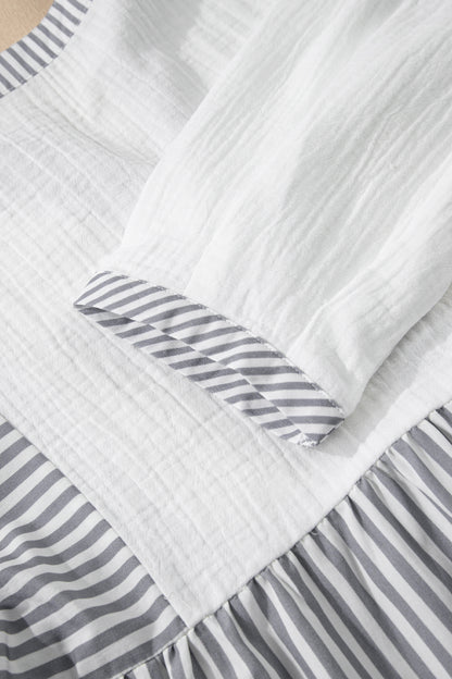 Stripe Gauze Patchwork Half Buttoned Babydoll Blouse