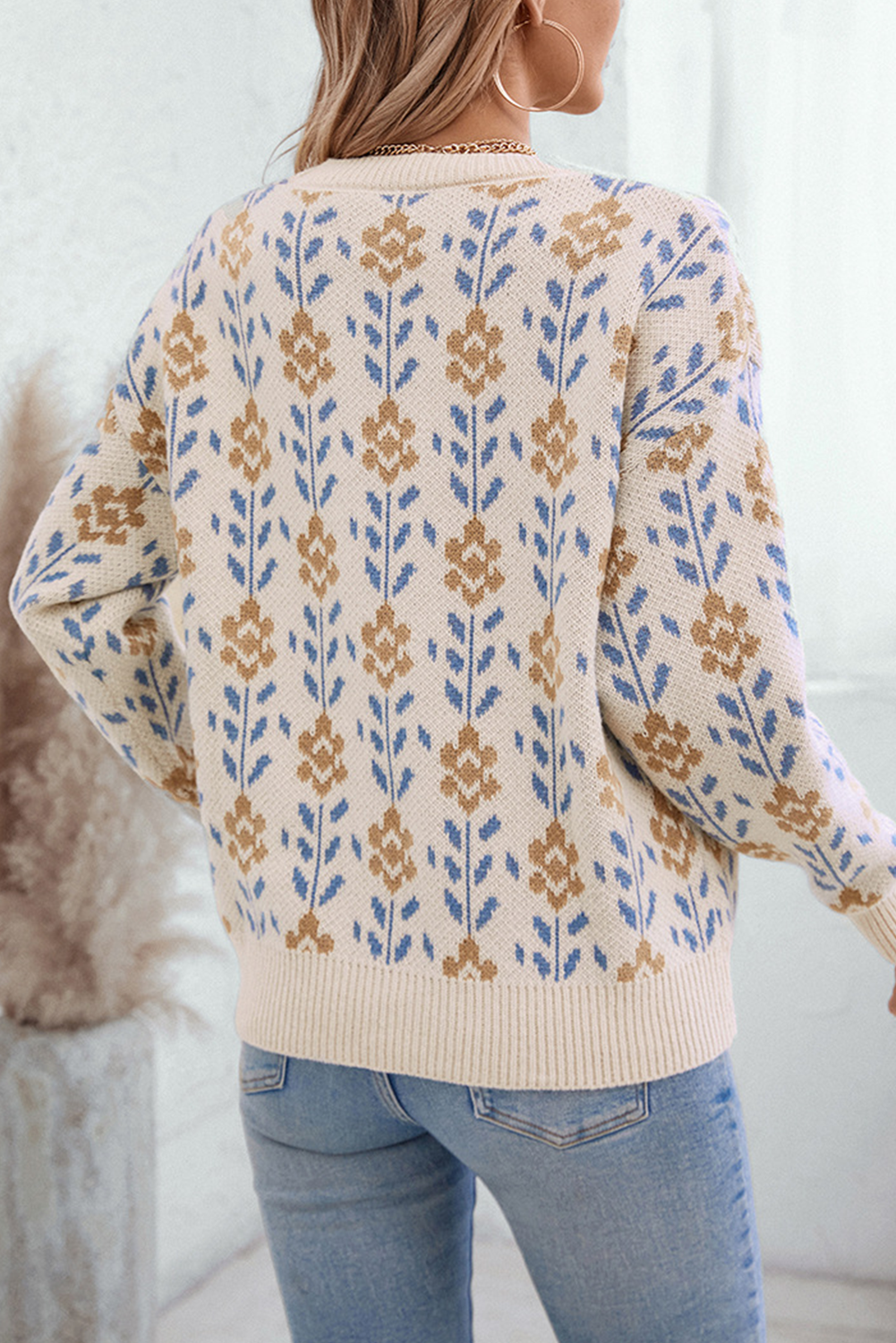 Floral Ribbed Trim Crewneck Sweater