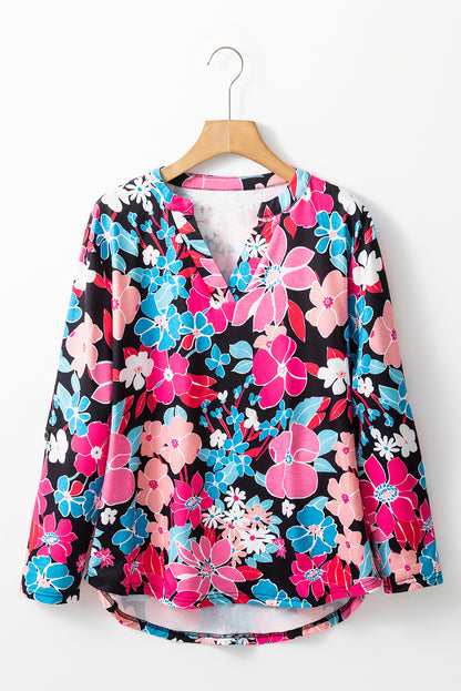 Floral V-Neck Tab Sleeve Blouse