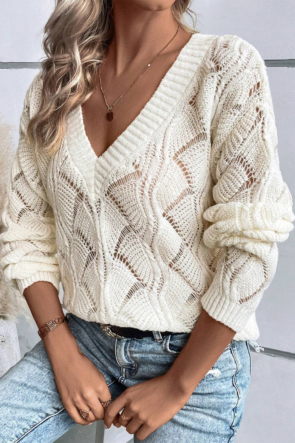 Hollowed Knit V-Neck Sweater