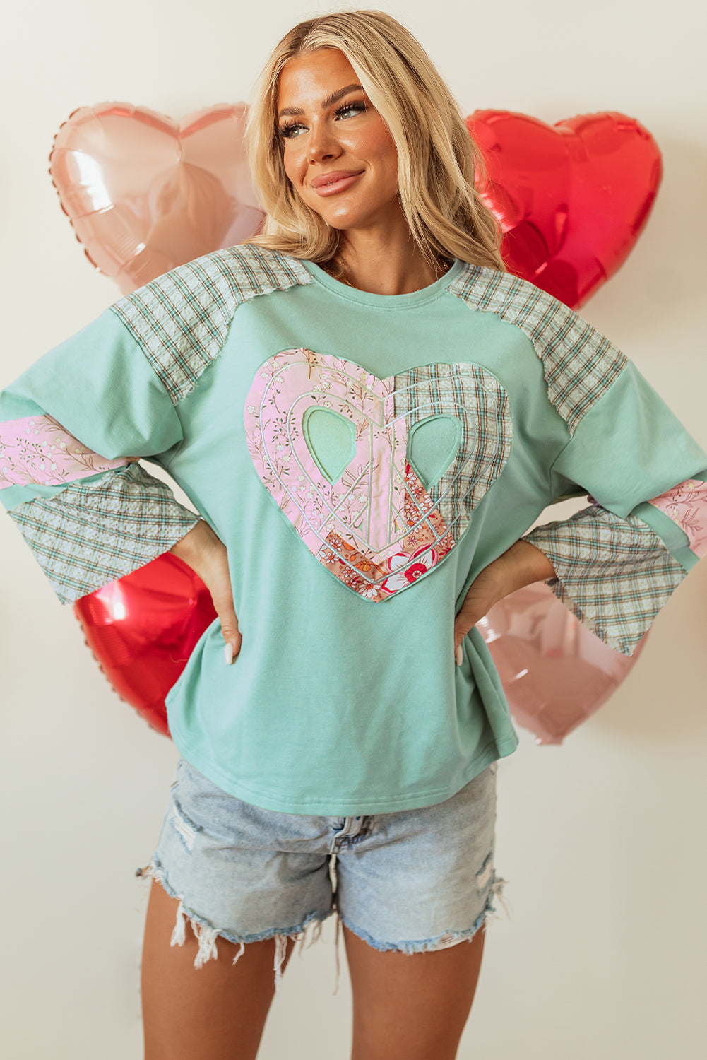 Valentine Heart Plaid Floral Patchwork Long Sleeve Top