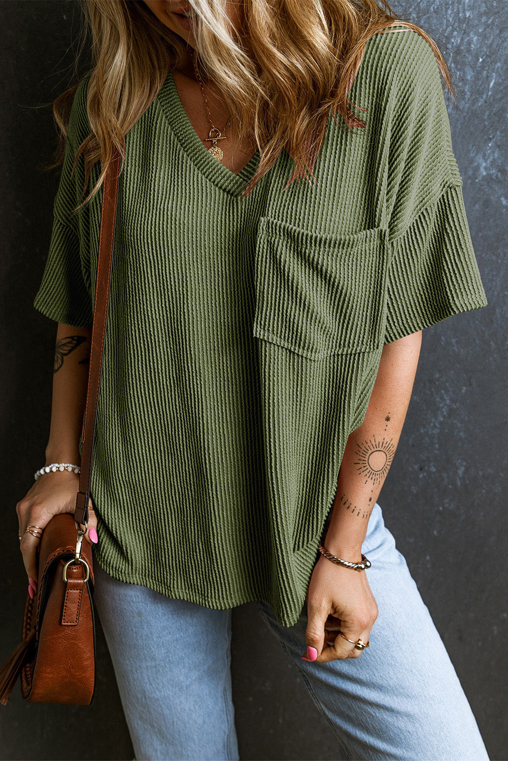 Corded Short Sleeve Pocketed T-Shirt