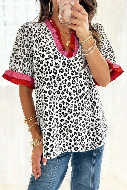 Leopard Ruffle Trim V-Neck Short Sleeve Blouse