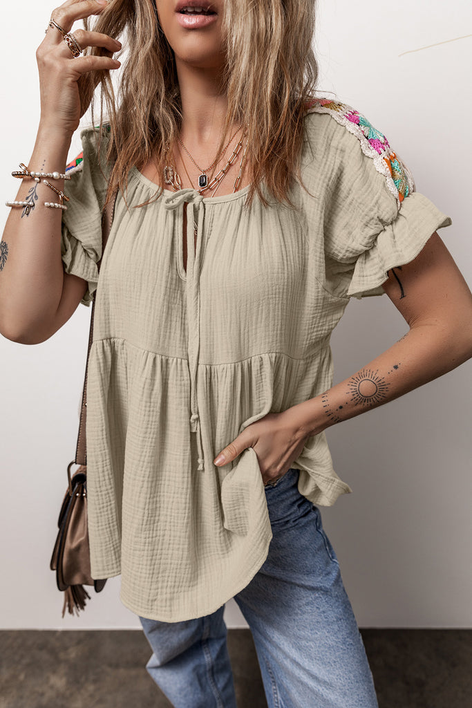 Crinkle Embroidered Bubble Sleeve Blouse