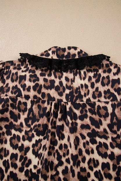 Leopard Lace Trim Short Sleeve Buttoned Shirt