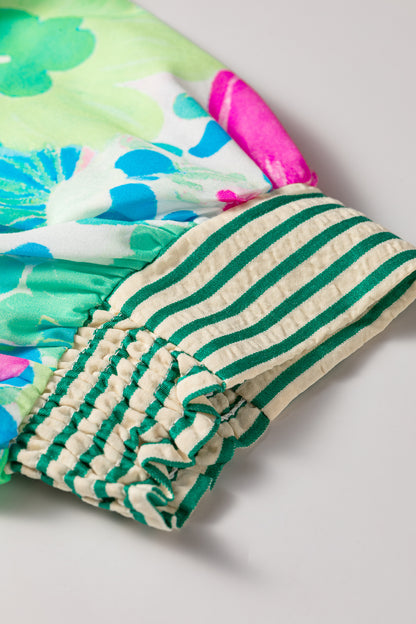 Floral Stripe Trim Button Down Vacation Dress
