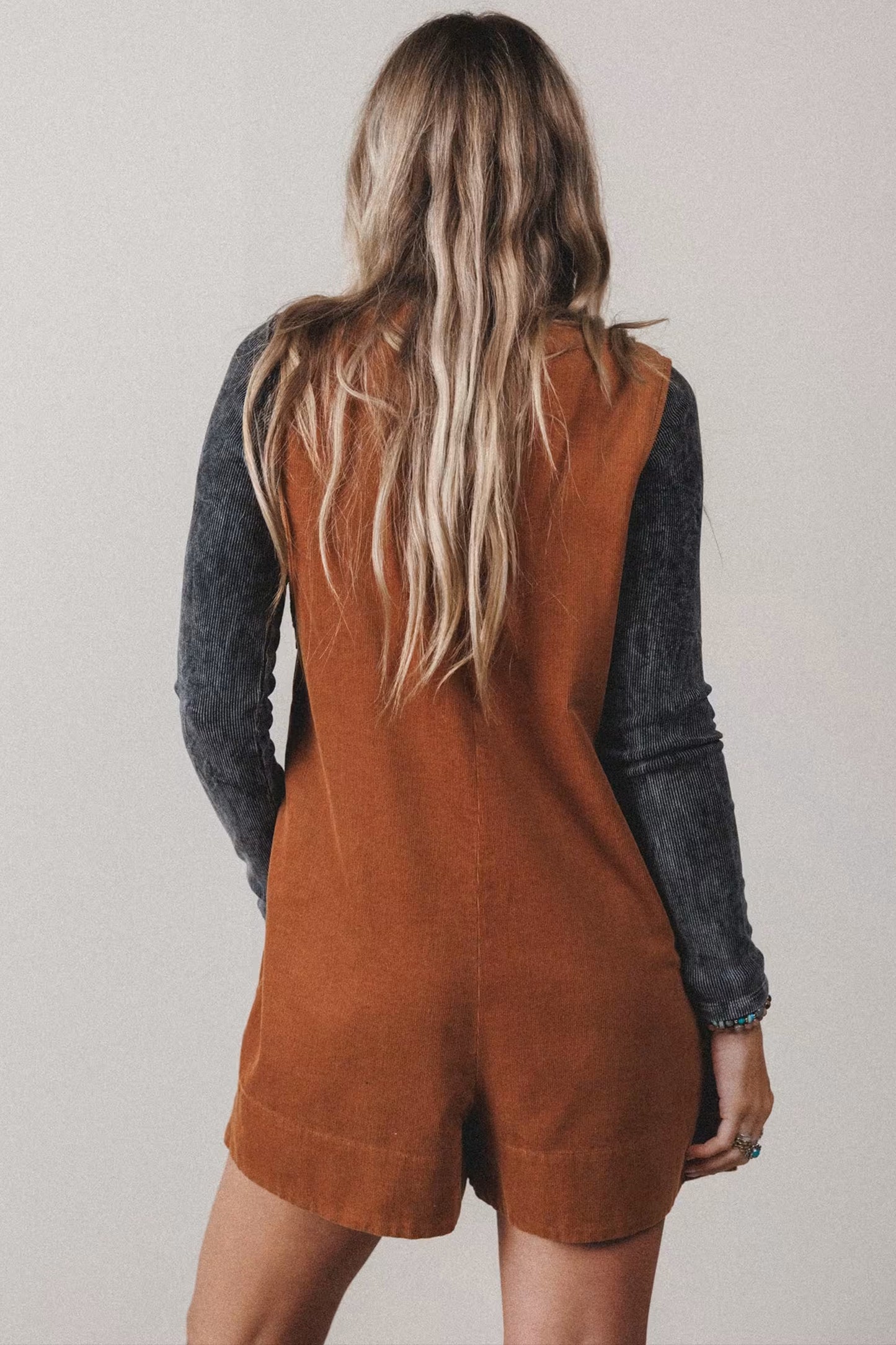 Solid Tie V-Neck Sleeveless Corduroy Romper