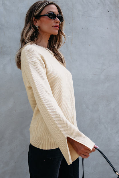 Solid Textured Knit Split Cuff Drop Shoulder Sweater