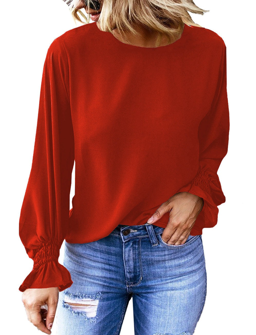 Crew Neck Ruffle Long Sleeve Top