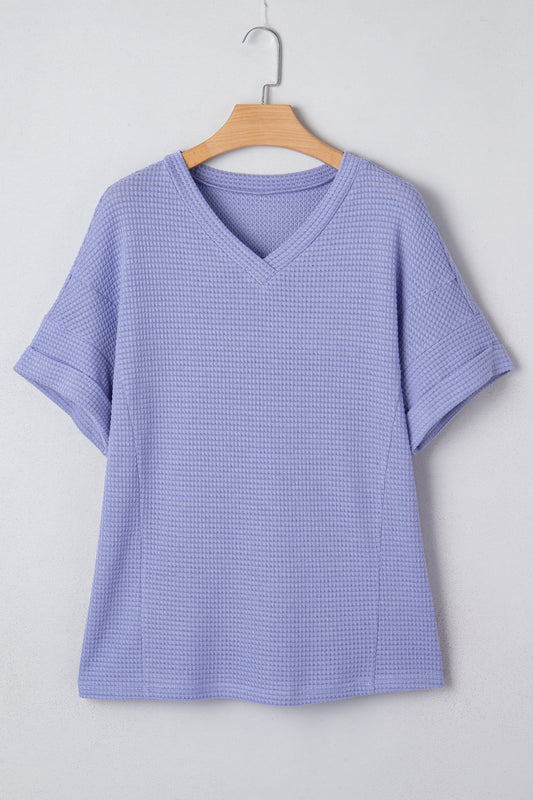 Waffle V-Neck Short Sleeve Knit Top