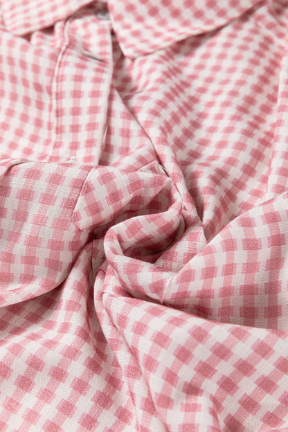 Gingham Plaid 3/4 Sleeve Ruffle Buttoned Shirt
