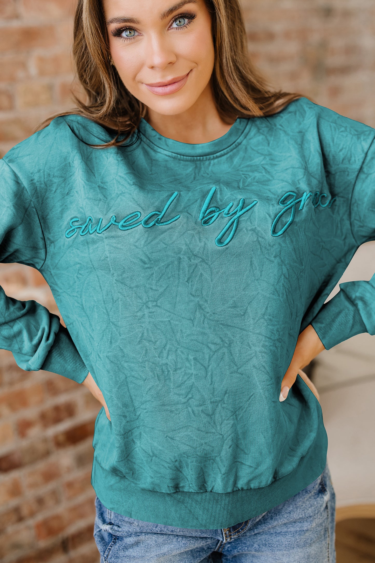 Saved by Grace Embroidered Mineral Wash Loose Sweatshirt