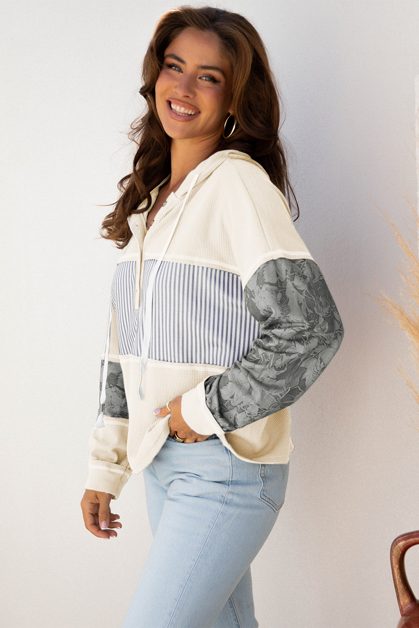 Stripe Waffle Patchwork Hooded Long Sleeve Top