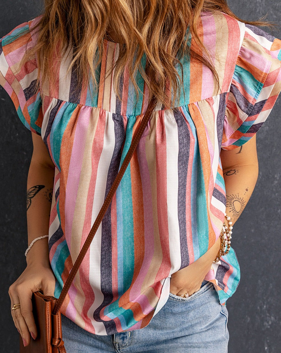 Stripe Ruffle Cap Sleeve Top