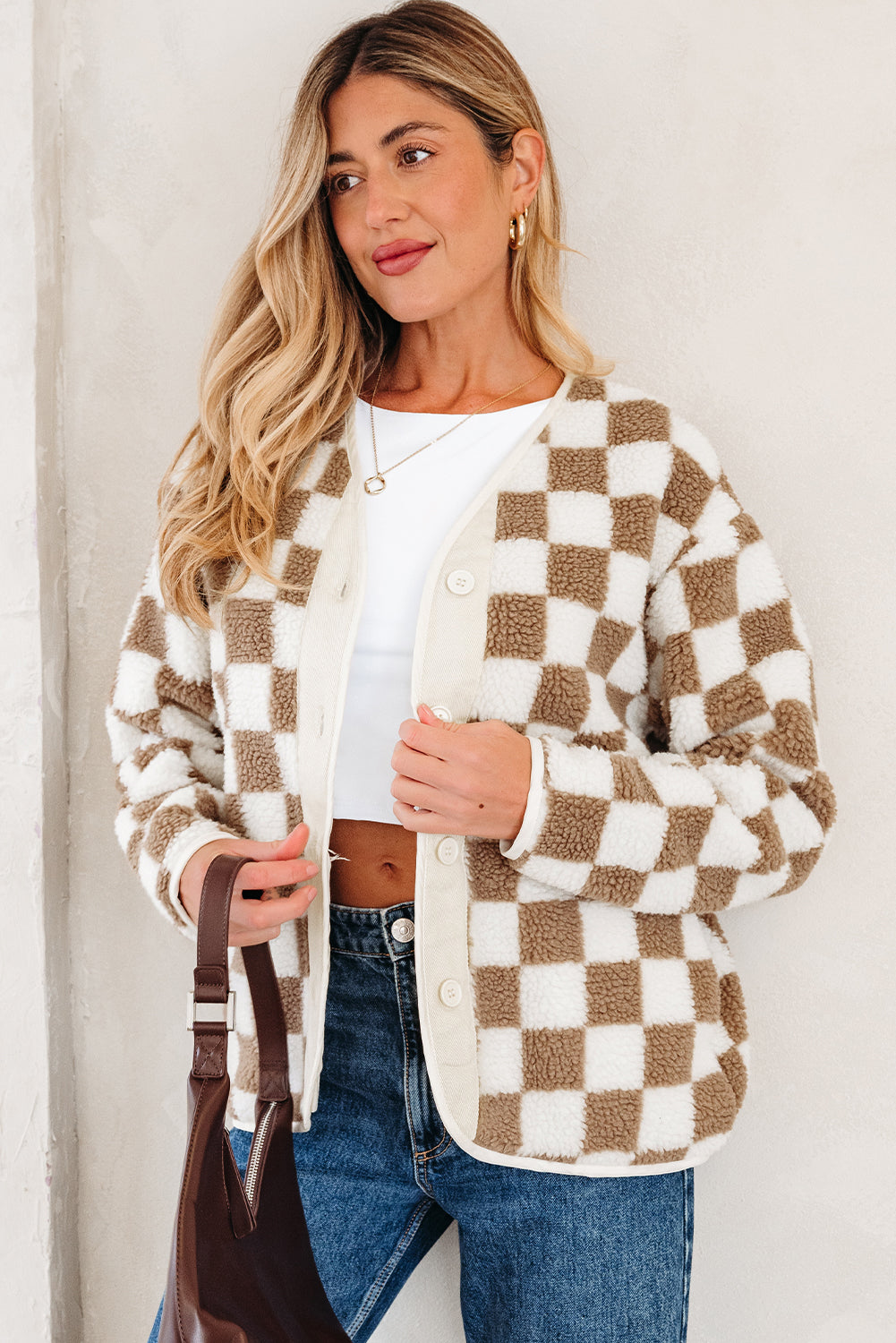 Checker Sherpa Button Front Chunky Jacket