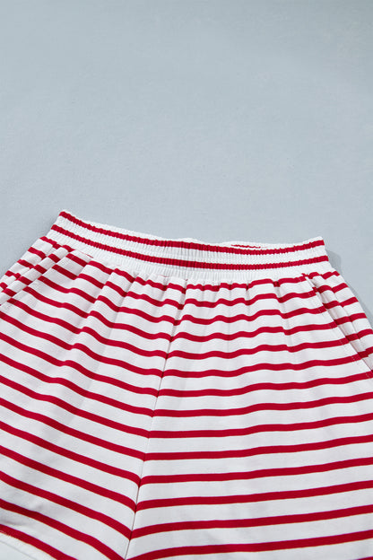 Stripe Scallop Trim Top & Elastic Waist Shorts Set