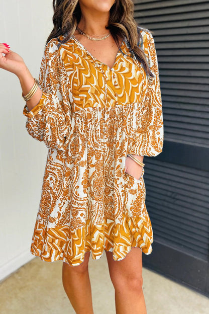 Boho Abstract Puff Sleeve Mini Dress